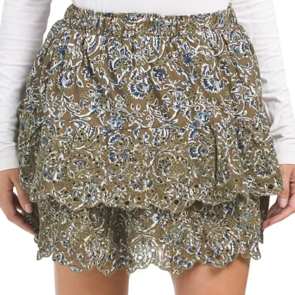 Jennifer + Grace Women's SIZE L Green Blue Floral Eyelet Ruffle Layered Skirt